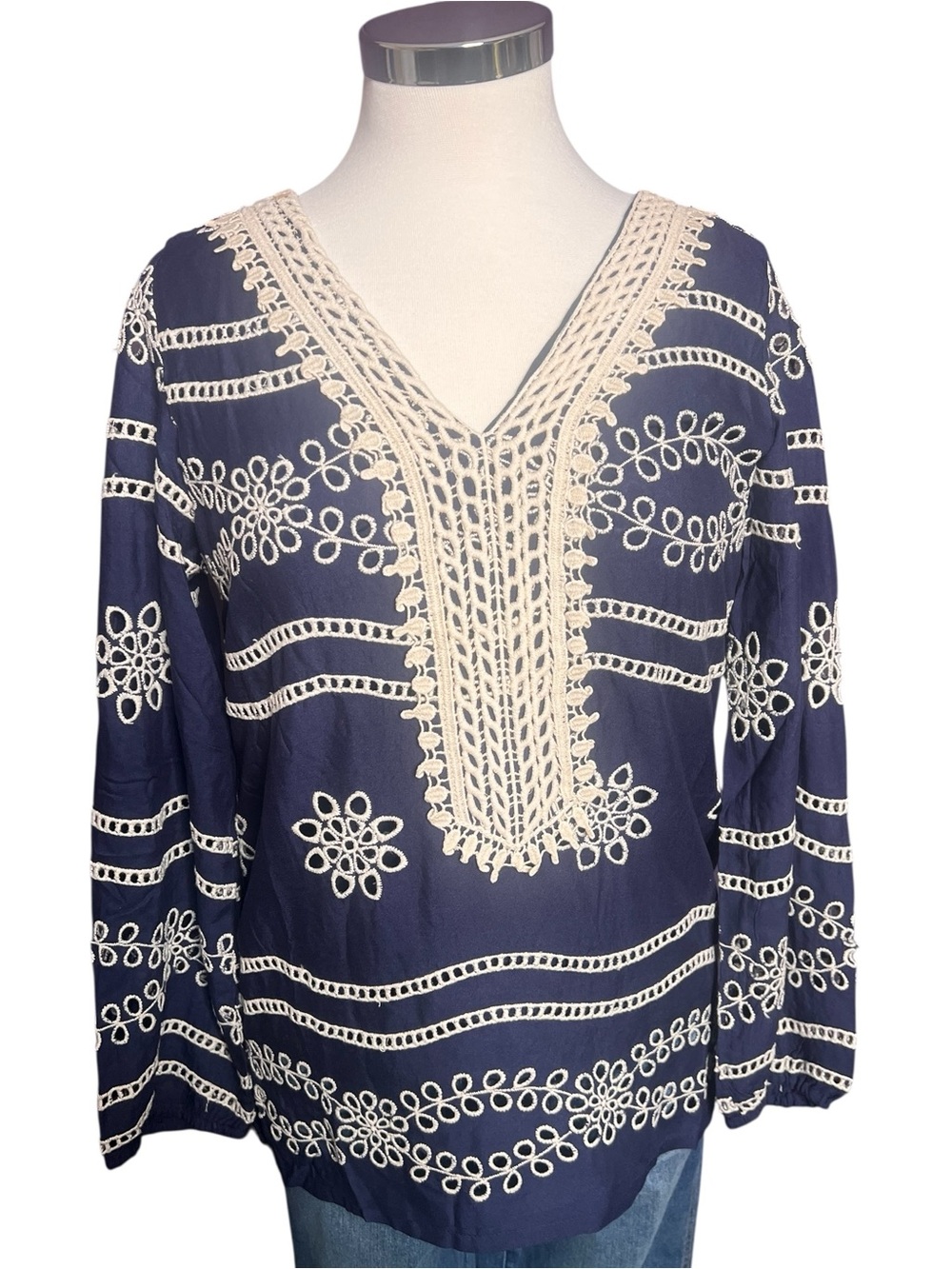 Navy Blue Ivory Embroidered Crochet Lace V Neck Long Sleeve Blouse Top